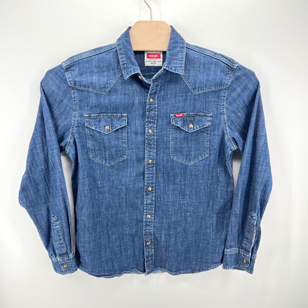 Wrangler Denim Western Shirt Mens Med Blue Pearl Snap Cowboy Workwear 112366767